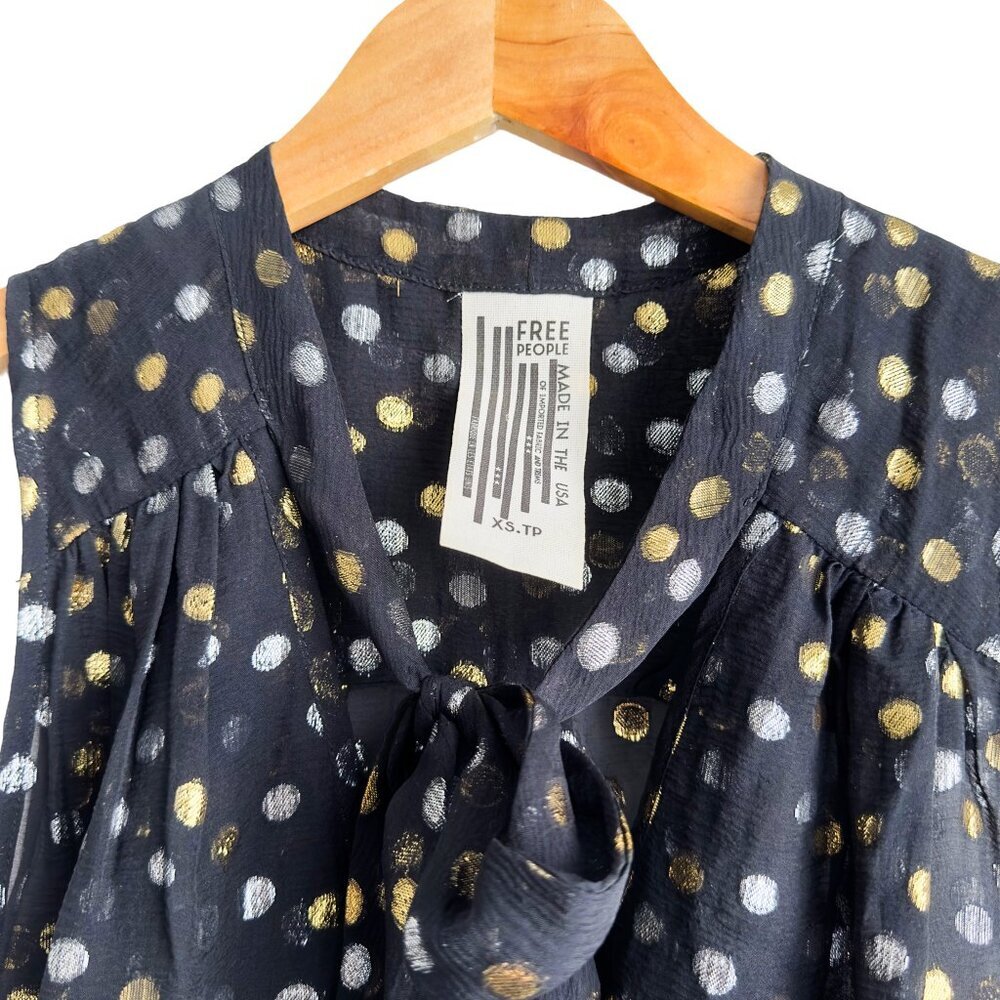 Free People Silk Geometric Gold and Silver Polka Dot Print Top - Black - Picture 4 of 7